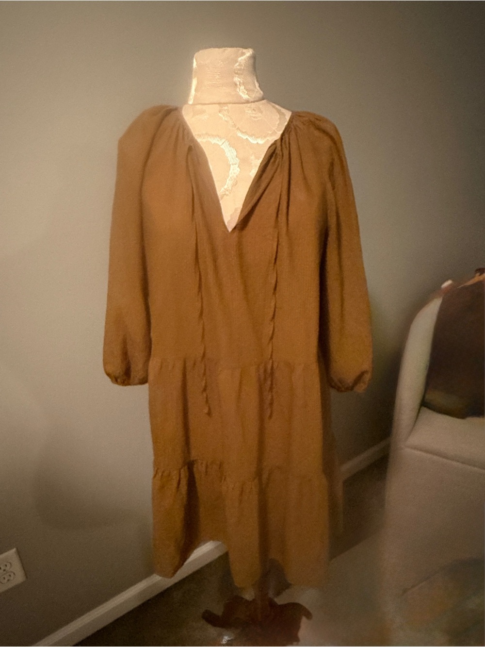 Banana Republic Olive Tiered V-Neck Long Sleeve Dress
